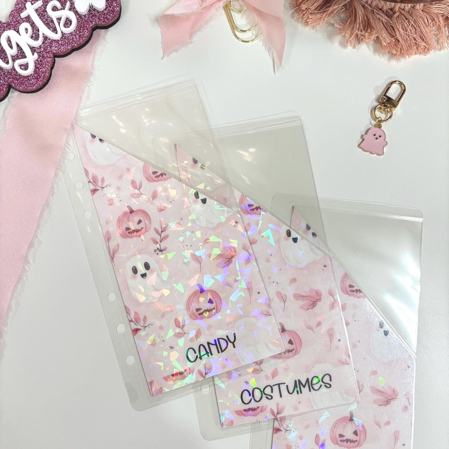 A6 Custom Halloween Budget Envelopes, A6 Binder Inserts, Pink Ghost Cash Envelopes, Holographic Savings, Personalized Categories