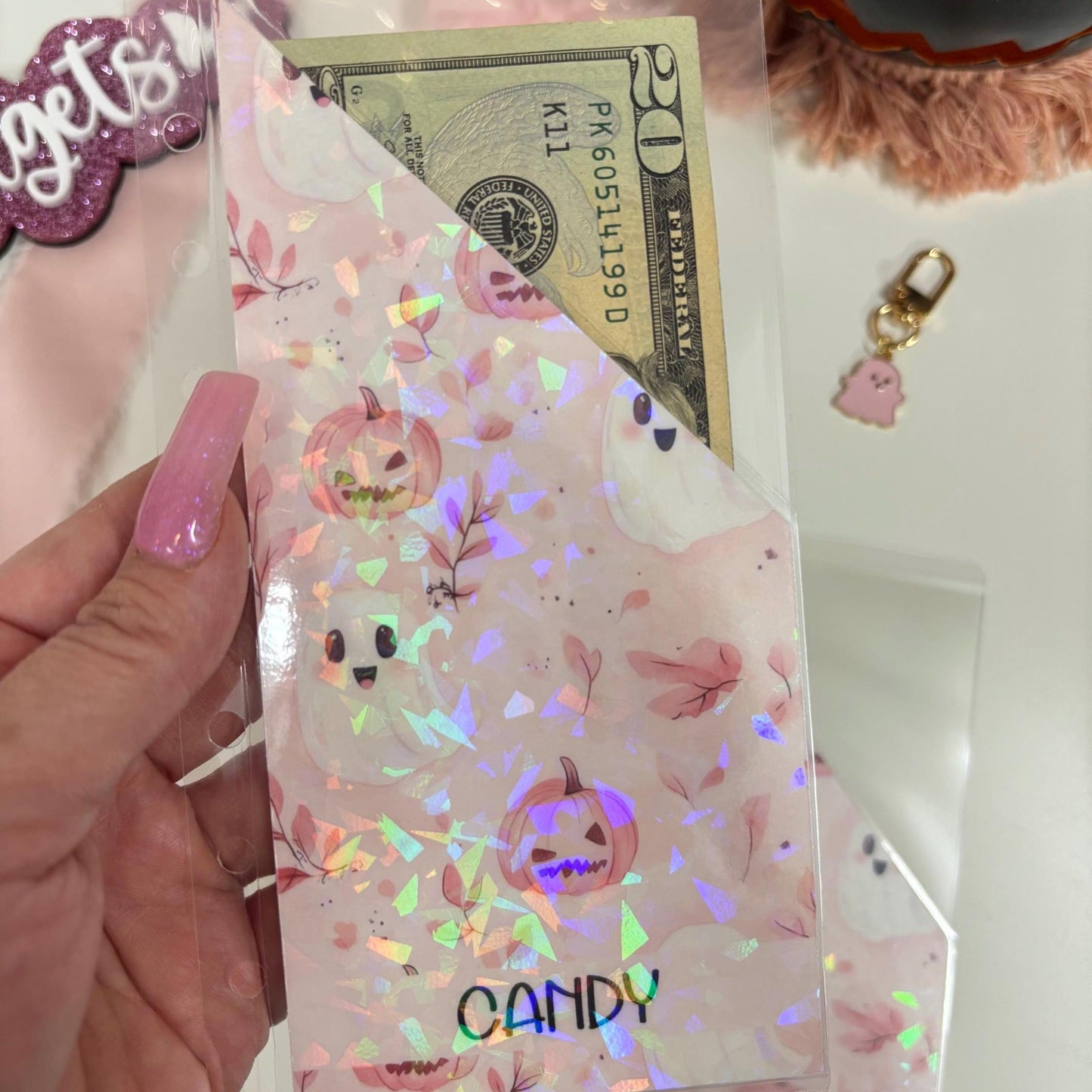 A6 Custom Halloween Budget Envelopes, A6 Binder Inserts, Pink Ghost Cash Envelopes, Holographic Savings, Personalized Categories