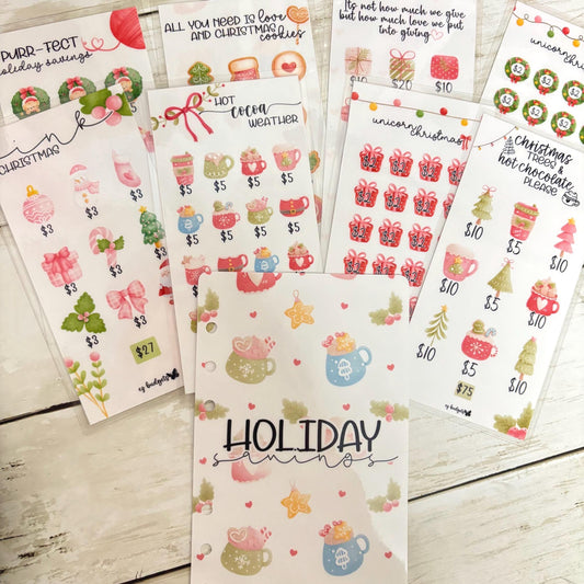 A6 500 Holiday Savings Challenge Bundle, 8 Christmas Themed Trackers + Holiday Dashboard,  Festive Cash Stuffing Kit