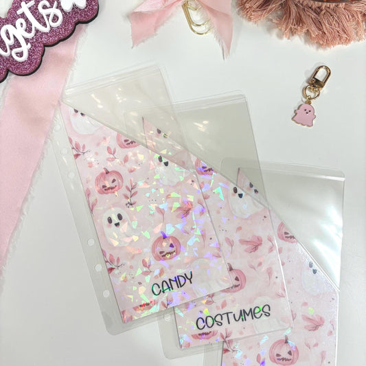 A6 Custom Halloween Budget Envelopes, A6 Binder Inserts, Pink Ghost Cash Envelopes, Holographic Savings, Personalized Categories