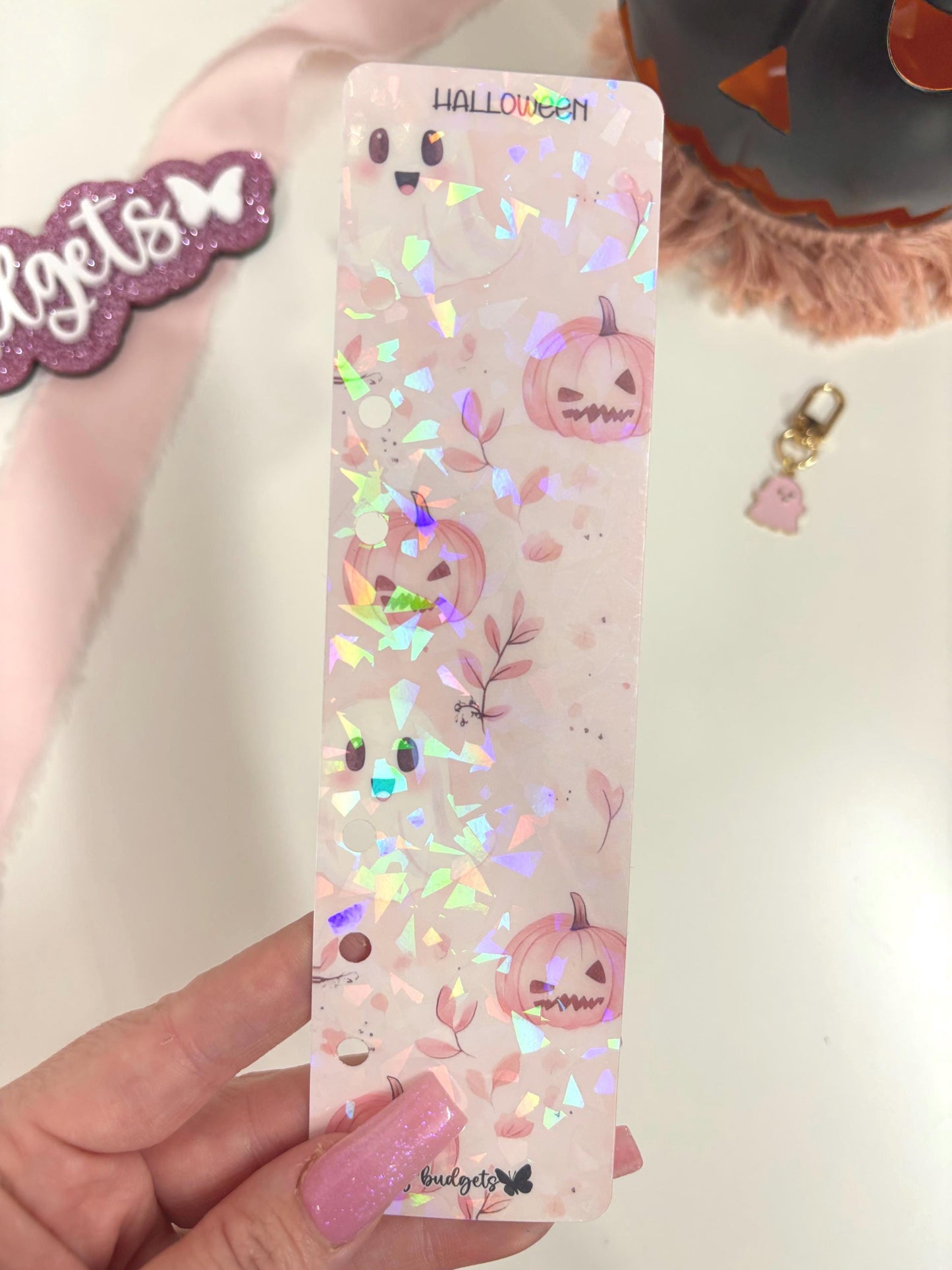 Halloween Budget Bookmarks, A6 Binder Divider, Ghost Pumpkin Bookmark, Pink Holographic Divider, Spooky Planner Insert, Budget Binder
