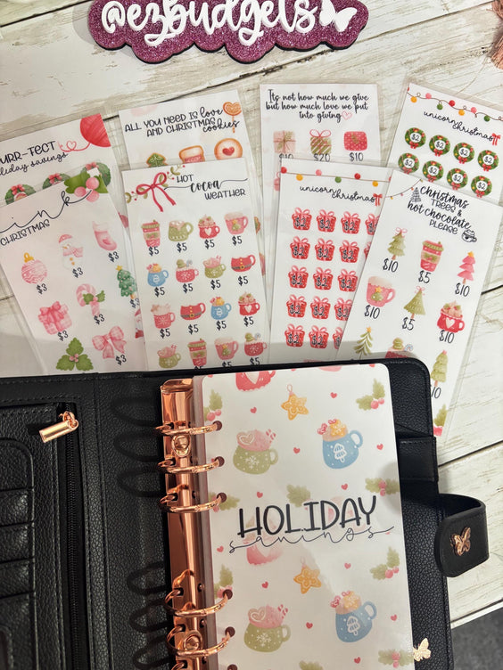 A6 500 Holiday Savings Challenge Bundle, 8 Christmas Themed Trackers + Holiday Dashboard,  Festive Cash Stuffing Kit