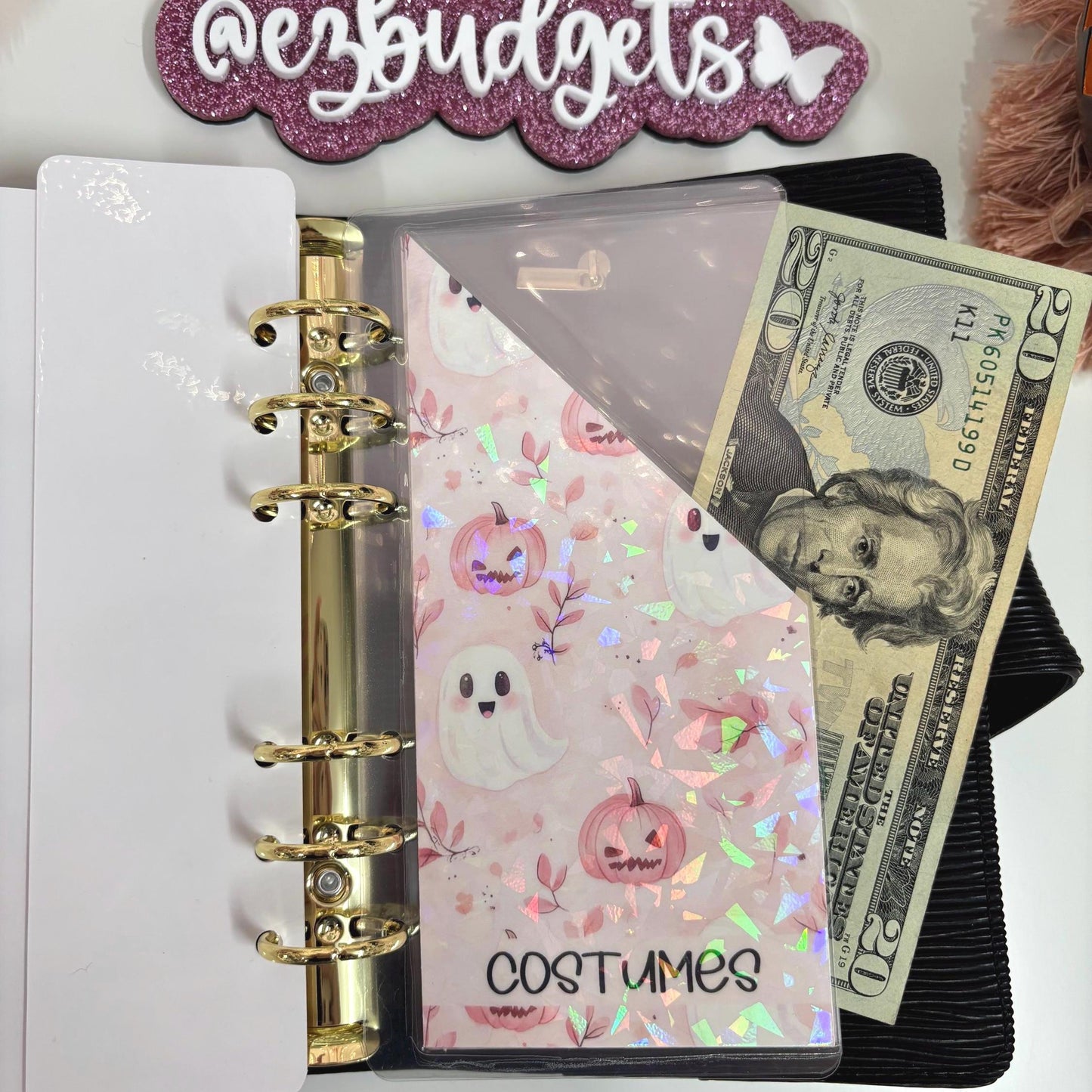 A6 Custom Halloween Budget Envelopes, A6 Binder Inserts, Pink Ghost Cash Envelopes, Holographic Savings, Personalized Categories