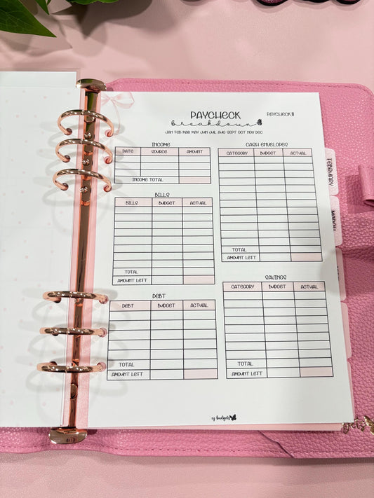 A5 Paycheck Breakdown, Laminated, Reusable, Budget Planner Inserts