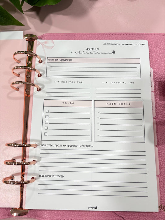 A5 Monthly Overview + Monthly Reflections, Laminated, Reusable, Budget Planner Inserts, Build Your Own Budget Planner, Includes ONE month