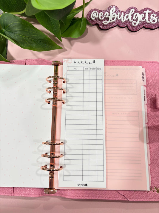 A5 Bills Bookmark, Laminated, Reusable, Budget Planner Inserts, Build Your Own Budget Planner
